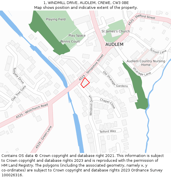 1, WINDMILL DRIVE, AUDLEM, CREWE, CW3 0BE: Location map and indicative extent of plot