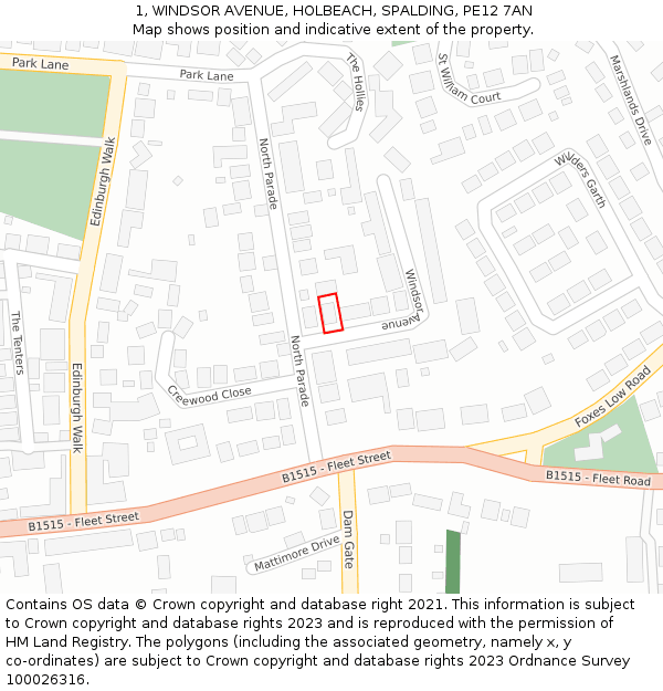 1, WINDSOR AVENUE, HOLBEACH, SPALDING, PE12 7AN: Location map and indicative extent of plot