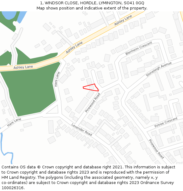 1, WINDSOR CLOSE, HORDLE, LYMINGTON, SO41 0GQ: Location map and indicative extent of plot