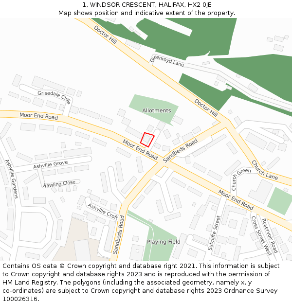 1, WINDSOR CRESCENT, HALIFAX, HX2 0JE: Location map and indicative extent of plot