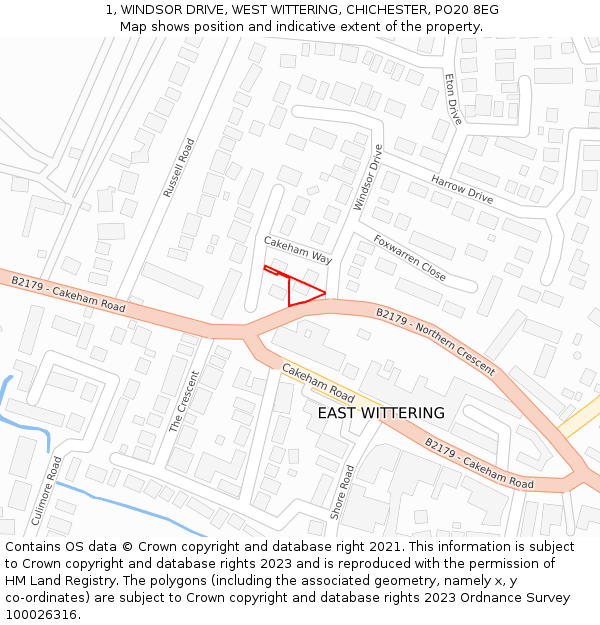1, WINDSOR DRIVE, WEST WITTERING, CHICHESTER, PO20 8EG: Location map and indicative extent of plot