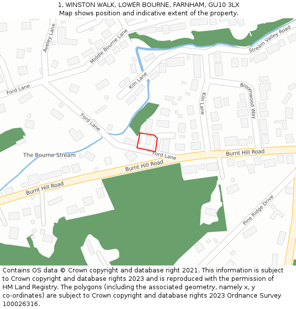 1, WINSTON WALK, LOWER BOURNE, FARNHAM, GU10 3LX: Location map and indicative extent of plot