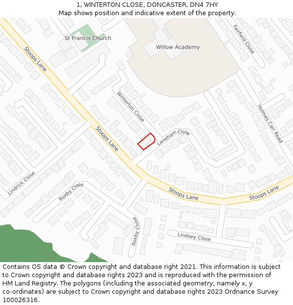 1, WINTERTON CLOSE, DONCASTER, DN4 7HY: Location map and indicative extent of plot