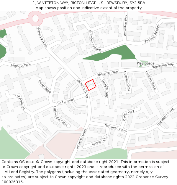 1, WINTERTON WAY, BICTON HEATH, SHREWSBURY, SY3 5PA: Location map and indicative extent of plot