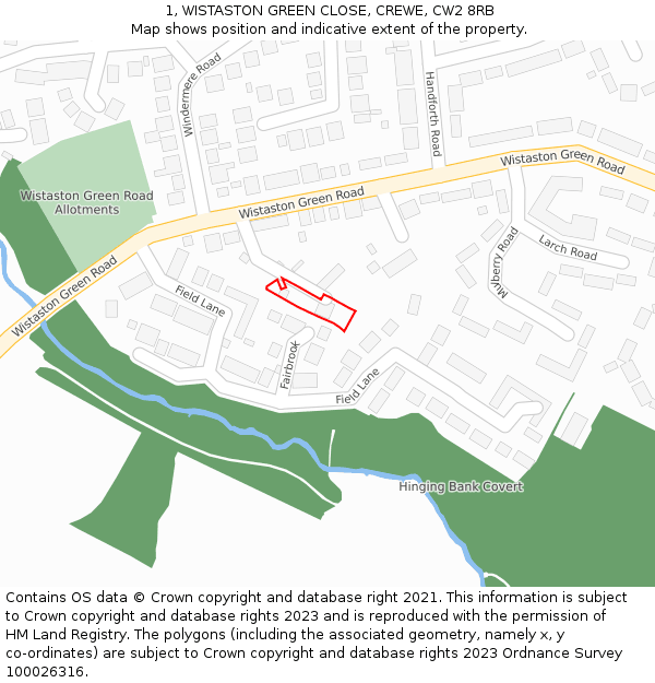 1, WISTASTON GREEN CLOSE, CREWE, CW2 8RB: Location map and indicative extent of plot