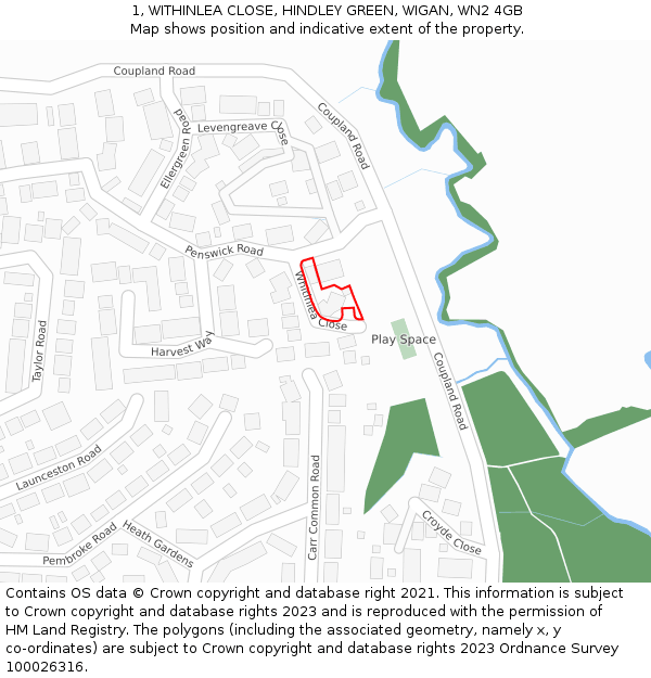 1, WITHINLEA CLOSE, HINDLEY GREEN, WIGAN, WN2 4GB: Location map and indicative extent of plot