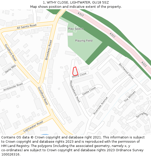 1, WITHY CLOSE, LIGHTWATER, GU18 5SZ: Location map and indicative extent of plot