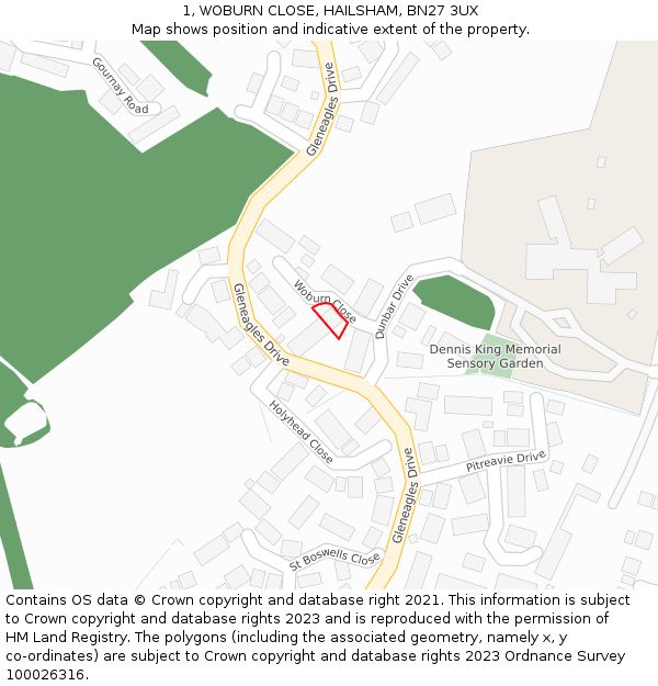 1, WOBURN CLOSE, HAILSHAM, BN27 3UX: Location map and indicative extent of plot