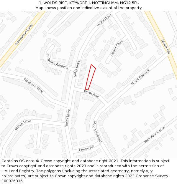 1, WOLDS RISE, KEYWORTH, NOTTINGHAM, NG12 5FU: Location map and indicative extent of plot