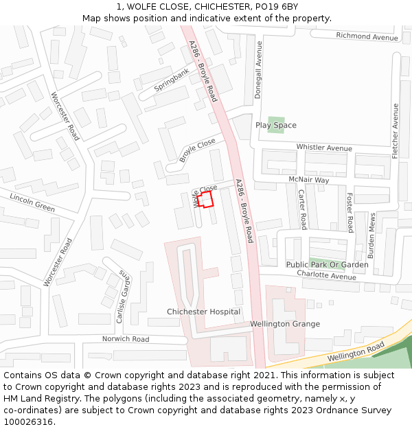 1, WOLFE CLOSE, CHICHESTER, PO19 6BY: Location map and indicative extent of plot