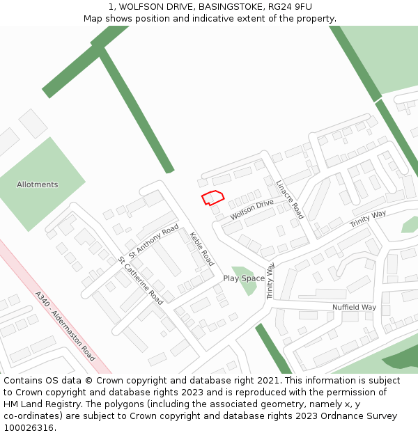 1, WOLFSON DRIVE, BASINGSTOKE, RG24 9FU: Location map and indicative extent of plot