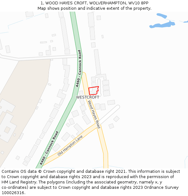 1, WOOD HAYES CROFT, WOLVERHAMPTON, WV10 8PP: Location map and indicative extent of plot