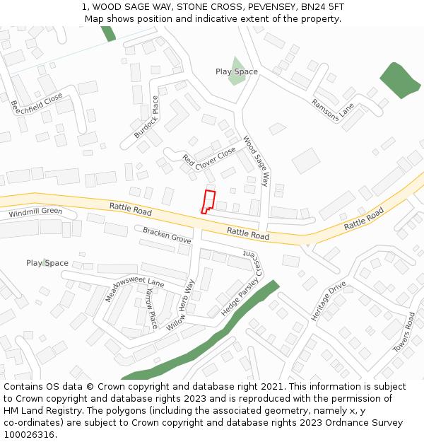 1, WOOD SAGE WAY, STONE CROSS, PEVENSEY, BN24 5FT: Location map and indicative extent of plot