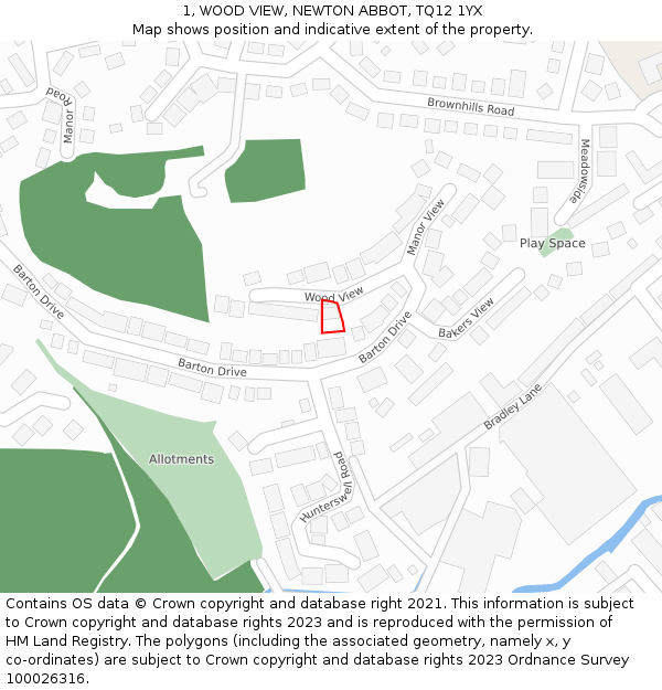 1, WOOD VIEW, NEWTON ABBOT, TQ12 1YX: Location map and indicative extent of plot