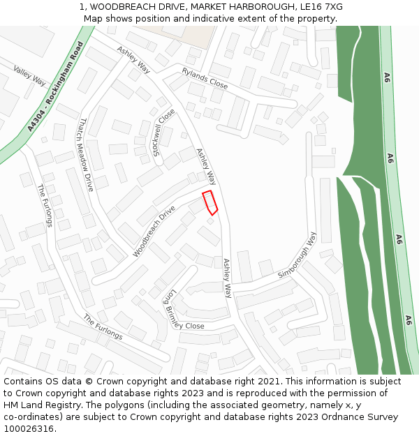 1, WOODBREACH DRIVE, MARKET HARBOROUGH, LE16 7XG: Location map and indicative extent of plot