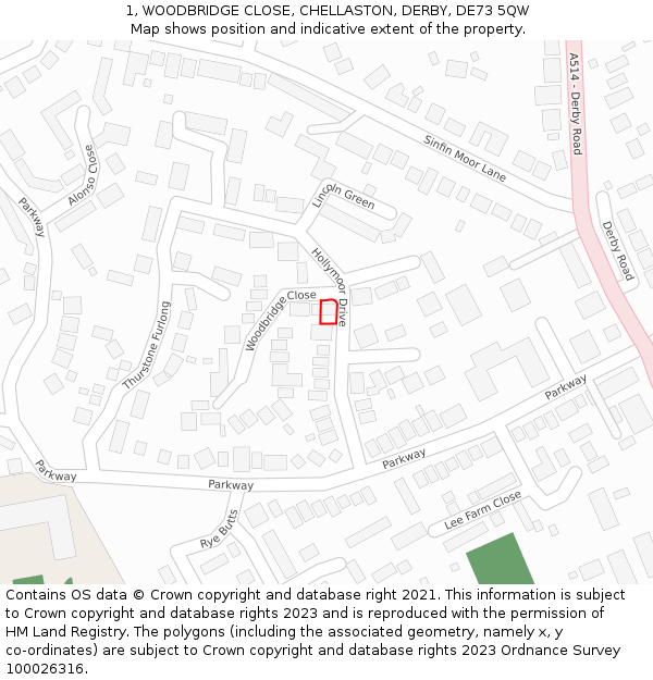 1, WOODBRIDGE CLOSE, CHELLASTON, DERBY, DE73 5QW: Location map and indicative extent of plot