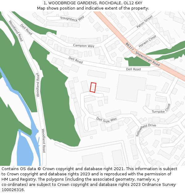 1, WOODBRIDGE GARDENS, ROCHDALE, OL12 6XY: Location map and indicative extent of plot