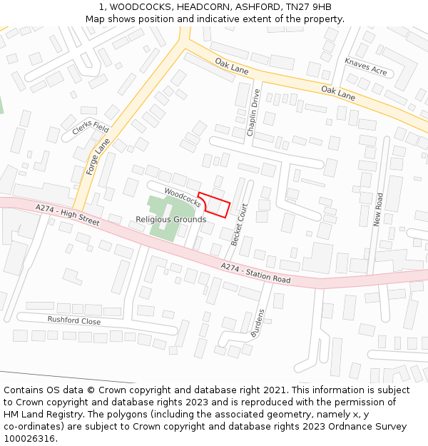 1, WOODCOCKS, HEADCORN, ASHFORD, TN27 9HB: Location map and indicative extent of plot