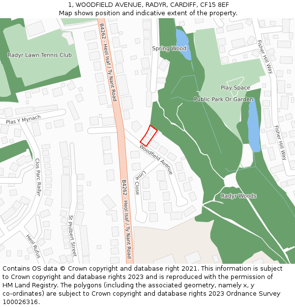 1, WOODFIELD AVENUE, RADYR, CARDIFF, CF15 8EF: Location map and indicative extent of plot