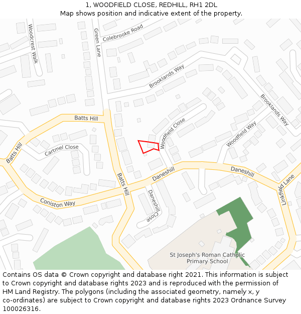 1, WOODFIELD CLOSE, REDHILL, RH1 2DL: Location map and indicative extent of plot