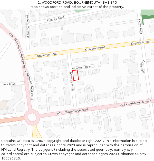 1, WOODFORD ROAD, BOURNEMOUTH, BH1 3PQ: Location map and indicative extent of plot