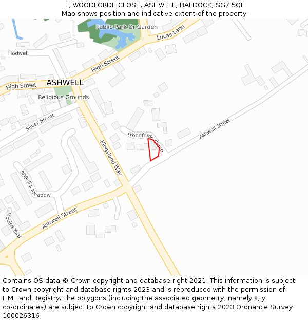 1, WOODFORDE CLOSE, ASHWELL, BALDOCK, SG7 5QE: Location map and indicative extent of plot