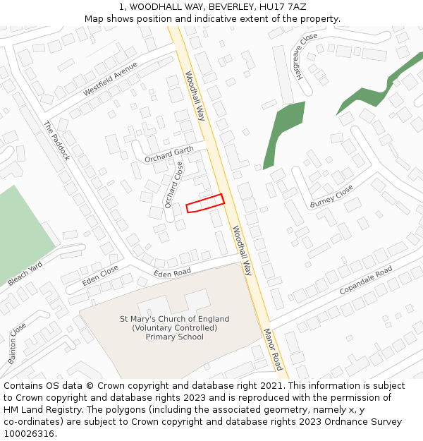 1, WOODHALL WAY, BEVERLEY, HU17 7AZ: Location map and indicative extent of plot