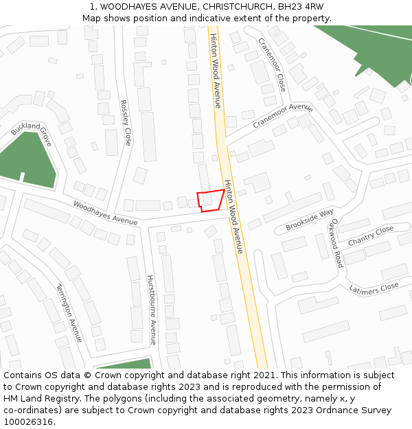 1, WOODHAYES AVENUE, CHRISTCHURCH, BH23 4RW: Location map and indicative extent of plot