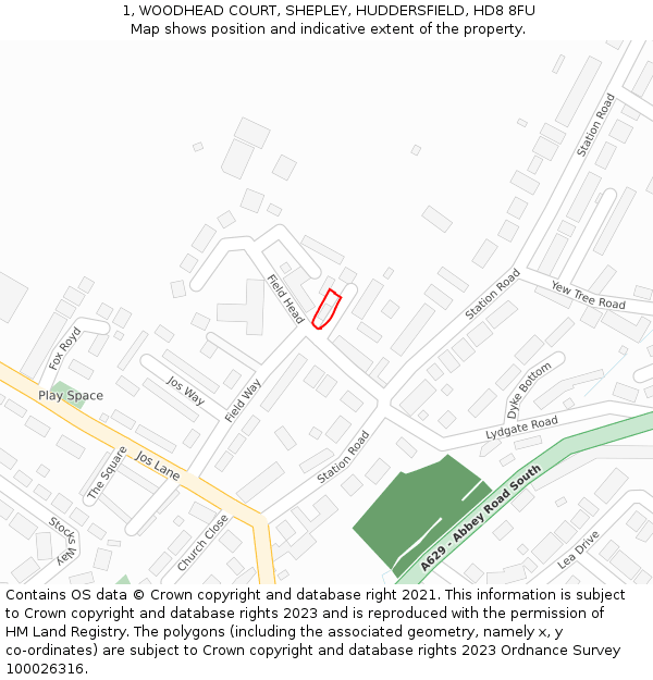 1, WOODHEAD COURT, SHEPLEY, HUDDERSFIELD, HD8 8FU: Location map and indicative extent of plot