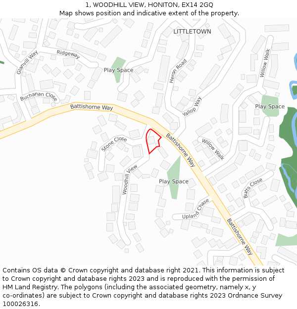1, WOODHILL VIEW, HONITON, EX14 2GQ: Location map and indicative extent of plot