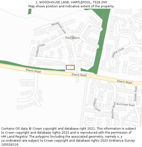 1, WOODHOUSE LANE, HARTLEPOOL, TS26 0XX: Location map and indicative extent of plot