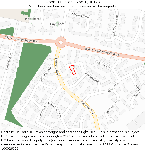 1, WOODLAKE CLOSE, POOLE, BH17 9FE: Location map and indicative extent of plot