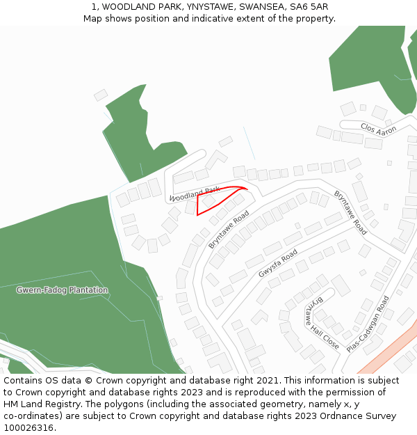 1, WOODLAND PARK, YNYSTAWE, SWANSEA, SA6 5AR: Location map and indicative extent of plot