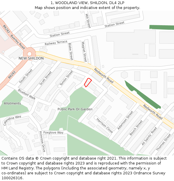 1, WOODLAND VIEW, SHILDON, DL4 2LP: Location map and indicative extent of plot