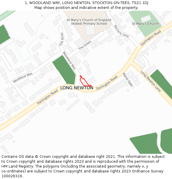 1, WOODLAND WAY, LONG NEWTON, STOCKTON-ON-TEES, TS21 1DJ: Location map and indicative extent of plot
