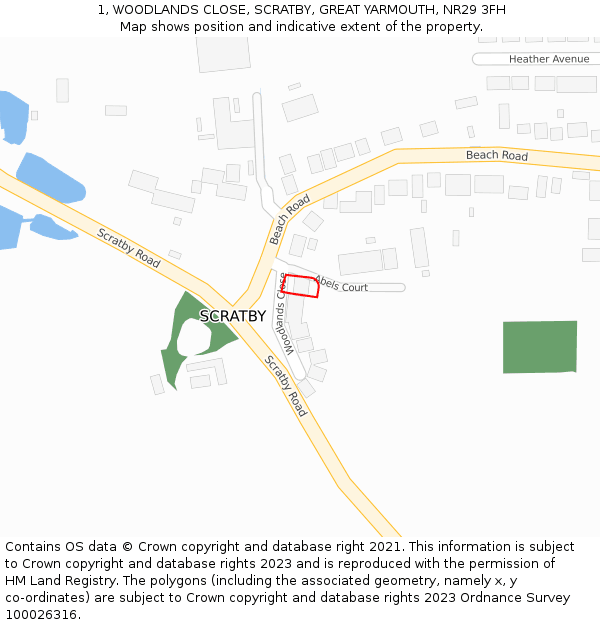 1, WOODLANDS CLOSE, SCRATBY, GREAT YARMOUTH, NR29 3FH: Location map and indicative extent of plot