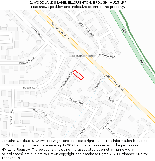 1, WOODLANDS LANE, ELLOUGHTON, BROUGH, HU15 1PP: Location map and indicative extent of plot