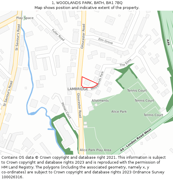 1, WOODLANDS PARK, BATH, BA1 7BQ: Location map and indicative extent of plot