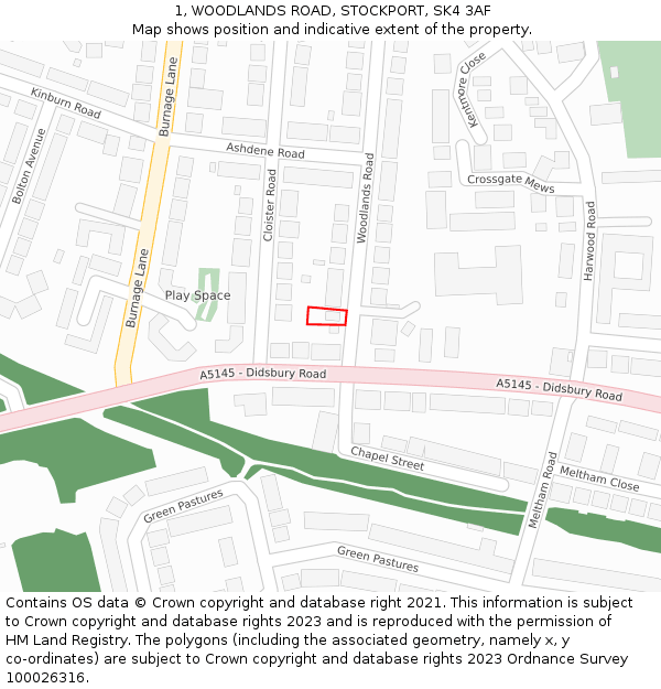 1, WOODLANDS ROAD, STOCKPORT, SK4 3AF: Location map and indicative extent of plot