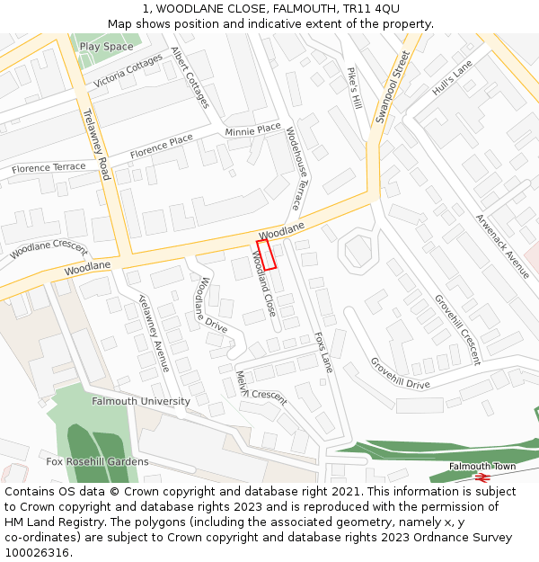 1, WOODLANE CLOSE, FALMOUTH, TR11 4QU: Location map and indicative extent of plot