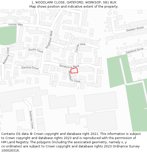 1, WOODLARK CLOSE, GATEFORD, WORKSOP, S81 8UX: Location map and indicative extent of plot