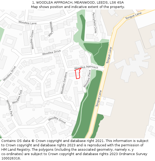 1, WOODLEA APPROACH, MEANWOOD, LEEDS, LS6 4SA: Location map and indicative extent of plot