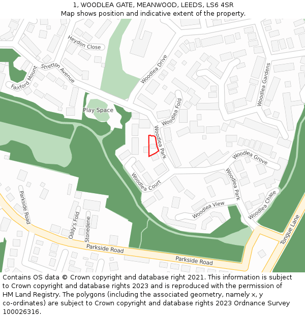 1, WOODLEA GATE, MEANWOOD, LEEDS, LS6 4SR: Location map and indicative extent of plot