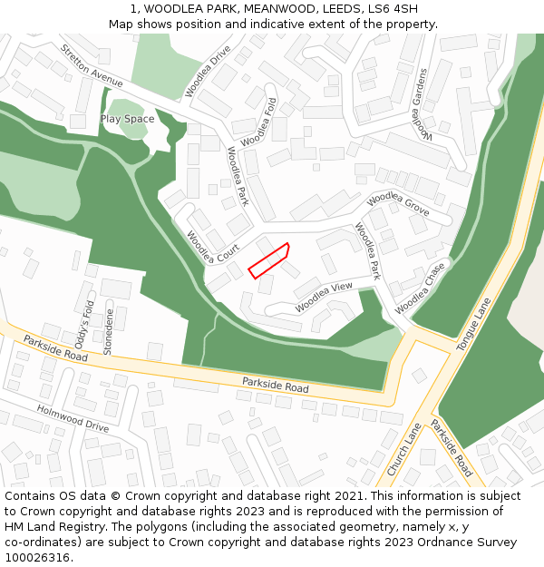 1, WOODLEA PARK, MEANWOOD, LEEDS, LS6 4SH: Location map and indicative extent of plot