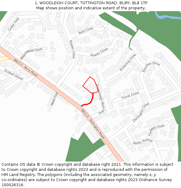 1, WOODLEIGH COURT, TOTTINGTON ROAD, BURY, BL8 1TP: Location map and indicative extent of plot