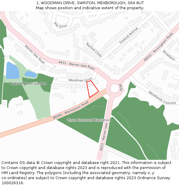 1, WOODMAN DRIVE, SWINTON, MEXBOROUGH, S64 8UT: Location map and indicative extent of plot