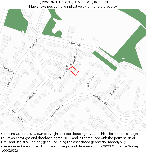 1, WOODNUTT CLOSE, BEMBRIDGE, PO35 5YF: Location map and indicative extent of plot