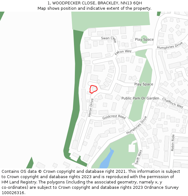 1, WOODPECKER CLOSE, BRACKLEY, NN13 6QH: Location map and indicative extent of plot