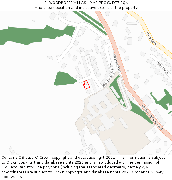 1, WOODROFFE VILLAS, LYME REGIS, DT7 3QN: Location map and indicative extent of plot