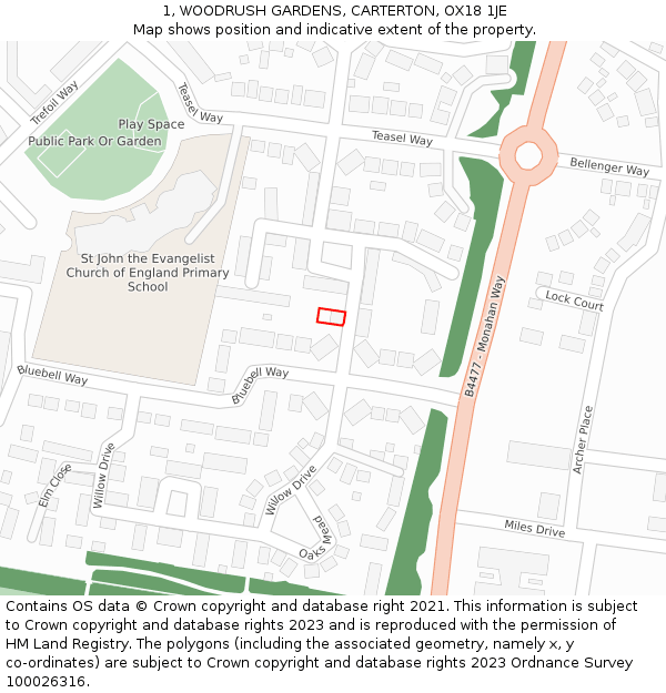 1, WOODRUSH GARDENS, CARTERTON, OX18 1JE: Location map and indicative extent of plot